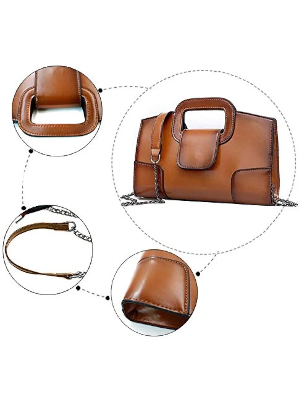 Classic Tan Leather Top-Handle Bag - Women's Elegant Handbag - Picture 4 of 5